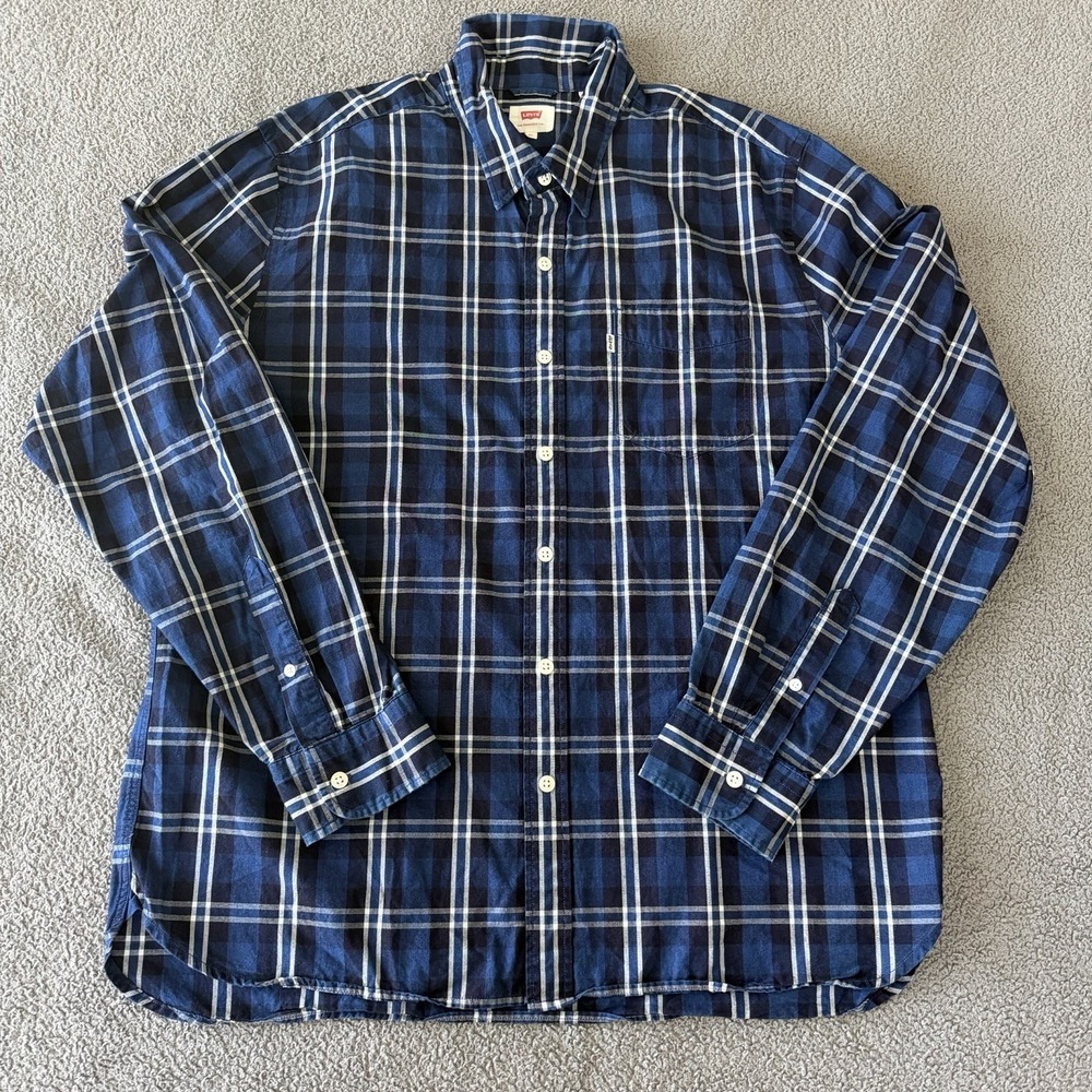Levi's Long Sleeve Button Up Shirt Blue Plaid 100% Cotton Men's XL Casual